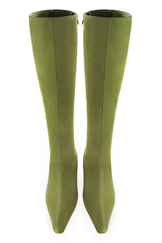 Pistachio green women's feminine knee-high boots. Tapered toe. Medium block heels. Made to measure. Top view - Florence KOOIJMAN